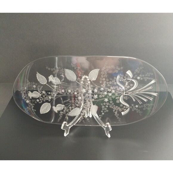 Fleur by William Fraser Oval Glass Canape Tray Etched Floral 15.75" - Picture 4 of 10